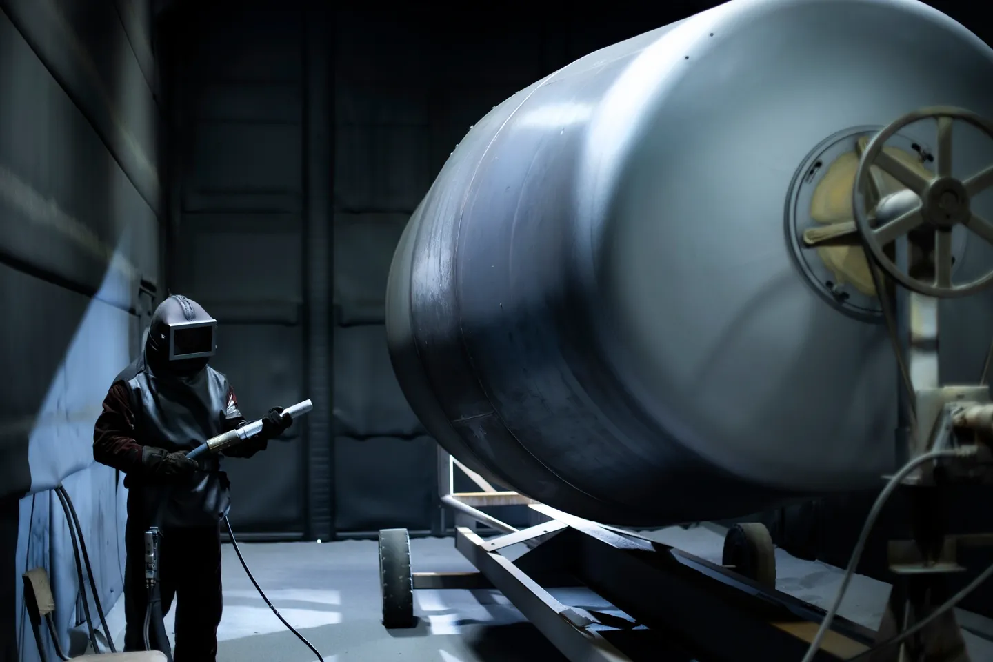 A man in black suit and helmet spraying water on an object.