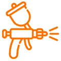 A drawing of an orange spray gun on green background.